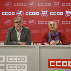 Els líders de CCOO i UGT, Unai Sordo i Josep Maria Àlvarez, ahir, a Madrid.