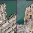 Combo de fotografies que mostren una vista aèria de la ciutat de Beirut, abans (esquerra) i després (dreta) de la forta explosió ocorreguda ahir dimarts.