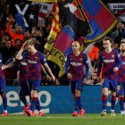 Jugadores del Barcelona celebran un gol en un partido de Liga de esta temporada.