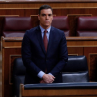 El president del Govern espanyol, Pedro Sánchez, durant el minut de silenci en l'inici del ple del Congrés.