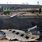 Miembros de los servicios de emergencia observan parte del fuselahe del Boeing 737 de la compañía ucraniana UIA que se estrelló en la madrugada del miércoles en Teherán