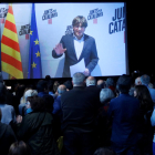 Imatge general de Carles Puigdemont en videoconferència durant l’acte celebrat ahir a Barcelona.