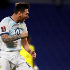 Messi celebra el gol con el que Argentina ganó a Ecuador.