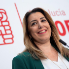Susana Díaz, a la roda de premsa que va oferir ahir a Sevilla.