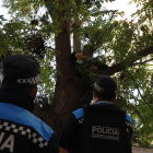 Vázquez, mostrando su DNI desde el árbol a dos agentes de la Guardia Urbana.
