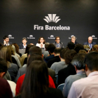 Autoritats durant la roda de premsa d’ahir per explicar els motius de la cancel·lació de la catorzena edició del Mobile World Congress de Barcelona.