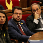 Meritxell Budó, Pere Aragonès i Quim Torra, ahir al Parlament.