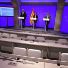 Els consellers, ahir a la compareixença de premsa ahir des del Palau de la Generalitat.