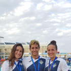 Judith Cortés, Tomàs Lomero i Paula Juste, del Lleida, ahir amb les medalles a l’última jornada.