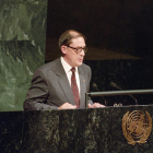 El cap de Govern, durant el discurs a l’ONU, el primer en català a les Nacions Unides, el 1993.