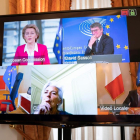 Imatge de la reunió telemàtica que van fer ahir els líders de la UE sobre el fons de recuperació.