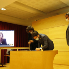 Talarn, Jordà y Aragonès firmaron el convenio en Lleida. Serret participó a través de videoconferencia.