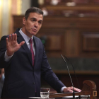 El president del Govern espanyol, Pedro Sánchez, ahir, durant la intervenció al Congrés a la moció de censura de Vox.