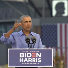 El expresidente Barack Obama durante su primer acto oficial de campaña en favor de Joe Biden.