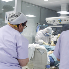 Sanitaris de l’hospital Arnau de Vilanova de València atenen un pacient amb coronavirus.