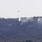 Un helicòpter intenta apagar el foc a la zona de cultius de Bovera, el 28 de juny.