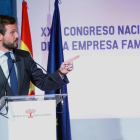 El presidente del PP; Pablo Casado, durante el 23 Congreso Nacional de la Empresa Familiar celebrado este lunes en Casa América, en Madrid.