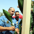 Dos bomberos depositan claveles en la ofrenda floral celebrada el domingo a los Graf Lleida fallecidos.