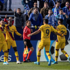Luis Suárez, Ansu Fati, Dembélé y Vidal celebran el gol del chileno.