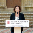 La portaveu del PSC al Parlament, Alícia Romero, durant una roda de premsa al Monestir de les Avellanes, a Os de Balaguer.