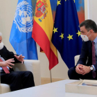 El secretari de l’ONU, Antonio Guterres, i el president Pedro Sánchez durant la reunió d’ahir.