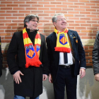 El alcalde de Prats de Molló, Claude Ferrer, Puigdemont y el presidente del USAP, François Rivière, ayer.