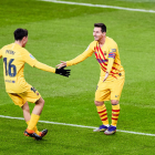 Messi i Pedri, els protagonistes del partit d’ahir, celebren efusivament el gol de l’argentí que posava en avantatge el Barça.