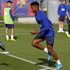 Ansu Fati, durante el entrenamiento de ayer con el FC Barcelona.