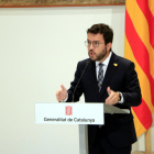 El president de la Generalitat, Pere Aragonès, en roda de premsa a la Sala Torres Garcia de Palau.