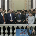 Puigdemont, al costat de Forcadell i Junqueras després d’aprovar-se el ple de la declaració. 