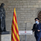 El president del Govern, Pere Aragonès, ahir durant la compareixença des de la Galeria Gòtica del Palau de la Generalitat.