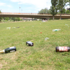 Varias botellas de alcohol vacías y bolsas de plástico esparcidas ayer al mediodía en la canalización.