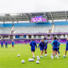 Las jugadoras del Barça ayer durante la sesión de entrenamiento en el Gamla Ullevi de Goteborg.