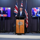 El premier australià, Scott Morrison, amb Johnson i Biden, dijous, mentre anunciava l’acord.