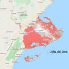 En rojo, la zona afectada por la subida del nivel del mar.