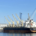 Imagen del buque MV Jafal Hafit en el puerto de Tarragona en plenas labores de carga de alfalfa.