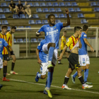 Alpha celebra su gol que suponía entonces el 0-2 para el Lleida Esportiu.