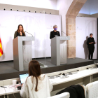 La consellera de Justícia, Lourdes Ciuró, i la portaveu del Govern, Patrícia Plaja, en roda de premsa al Palau de la Generalitat.