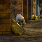 Bosses amb envasos dipositades davant dels edificis al barri de Pardinyes de Lleida