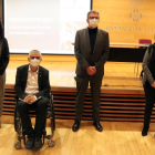 El presidente de la Diputación de Lleida, Joan Talarn, con el vicepresidente Jordi Latorre, y las portavoces de ERC y JxCat, Mercè Carulla y Rosa Pujol.