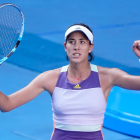 Garbiñe Muguruza celebra su triunfo sobre Halep y su clasificación para la final del Open de Australia.