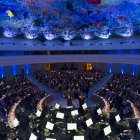 Un momento del concierto bajó la cúpula de Miquel Barceló en la sede de la ONU en Ginebra. 