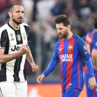 Chiellini celebra la victòria del seu equip amb un Messi al fons capbaix com setmanes enrere a París.