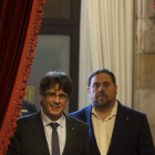 Carles Puigdemont i Oriol Junqueras, ahir al Parlament.