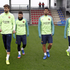 Piqué, Messi, Suárez i Neymar ahir durant l’entrenament de la plantilla blaugrana.