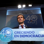 El vicesecretari general de comunicació del PP, Pablo Casado, en la compareixença davant els mitjans.