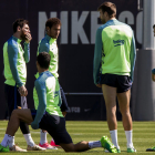 Messi, ayer en el entrenamiento con Suárez, Neymar, Piqué y Jordi Alba.