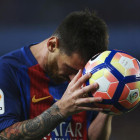 Messi, con un expresivo gesto durante el partido de ayer ante el Eibar.