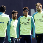 Suárez, Messi, Neymar i Piqué, ahir, durant l’entrenament del FC Barcelona.