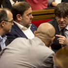 El conseller Jordi Turull, el vicepresident Oriol Junqueras, el president Carles Puigdemont i el conseller Raül Romeva, en una foto d’arxiu.